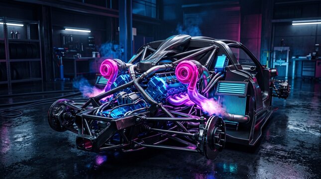 Extreme hyper car concept engine with blue metallic components, neon pink turbochargers and glowing purple exhaust inside a futuristic racing chassis.