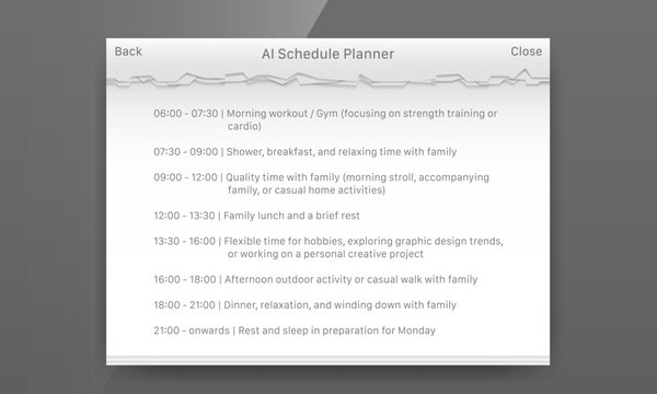 AI schedule planner popup UI mockup showing Sunday daily routine timetable and task list