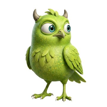 Green horned owl creature with big blue eyes, feathery wings, and a cute expression. Ideal for childrens illustrations and designs.