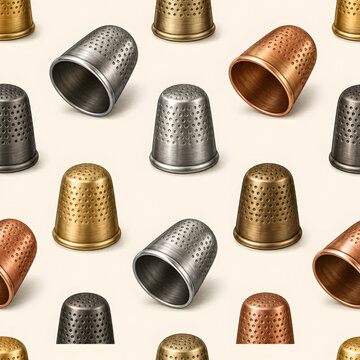Collection of metallic sewing thimbles in silver, bronze, and copper finishes arranged in a pattern over a neutral background for tailoring and embroidery.