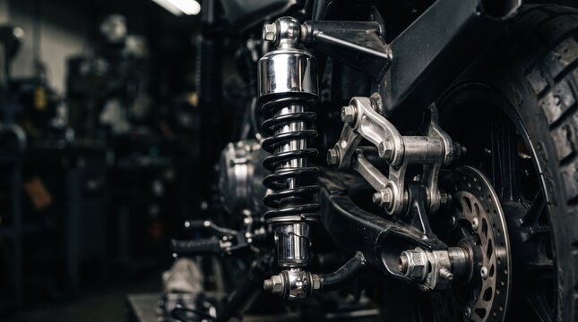 Close-up of motorcycle rear suspension shock absorber and brake disc in workshop, mechanical engineering and vehicle maintenance concept, industrial automotive repair details