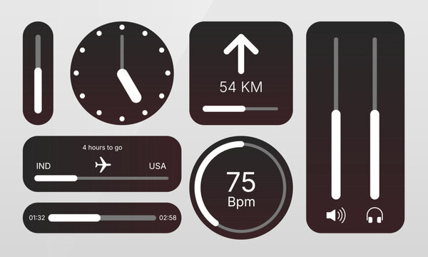 Dashboard UI widget icon set showing clock, navigation meter, heart rate tracker, flight progress, and audio sliders