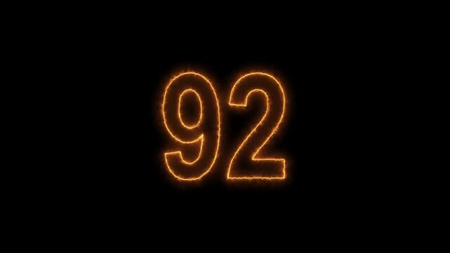 Glowing red neon number 92 text animation with bright glowing light effect on a black background, motion graphics loop
