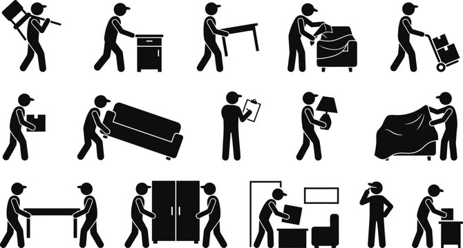 Set of black silhouette icons depicting professional movers and workers handling furniture and household items during a residential relocation service
