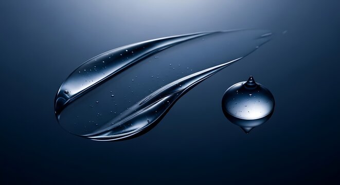 Closeup water droplets forming elegant teardrop shapes with a single hanging drop on transparent background