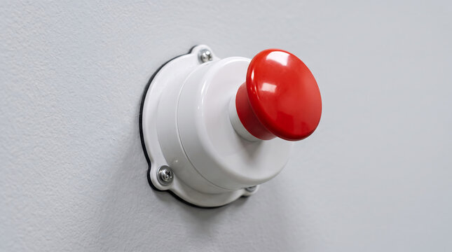 Red emergency stop button mounted on light grey wall surface