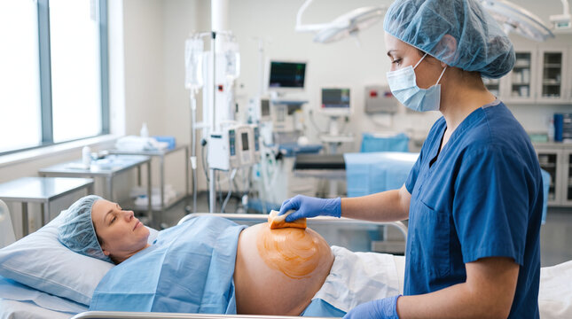 Nurse applying antiseptic skin prep to pregnant woman belly before surgery