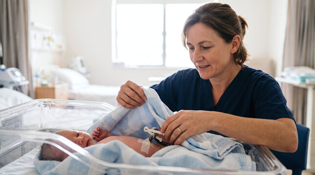 Caring midwife checking newborn baby with umbilical cord clamp in hospital