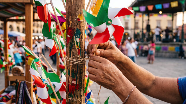 Mexican vendor arranging colorful pinwheels at a traditional holiday market