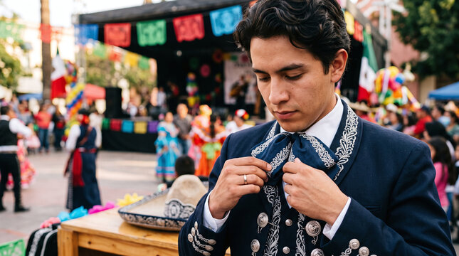 Mexican charro fastening his embroidered bow tie at outdoor cultural festival
