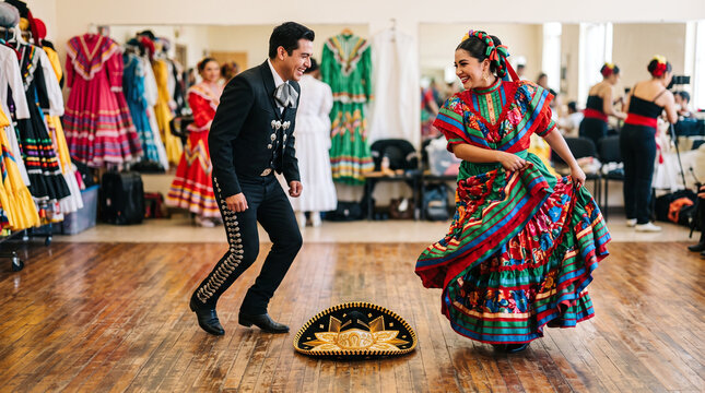 Mexican folklorico couple dancing traditional hat dance around sombrero in studio