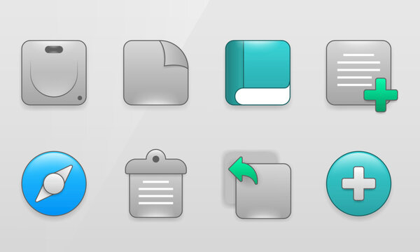 Glossy App Icon Set Showing Document Book Compass Clipboard and Add Buttons