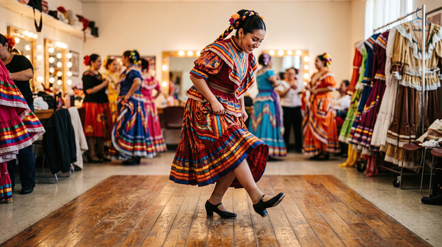 Smiling Mexican folklorico dancer practicing traditional zapateado backstage