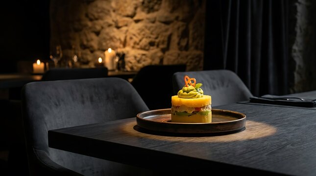 Causa rellena served on a plate in a dimly lit fine dining restaurant