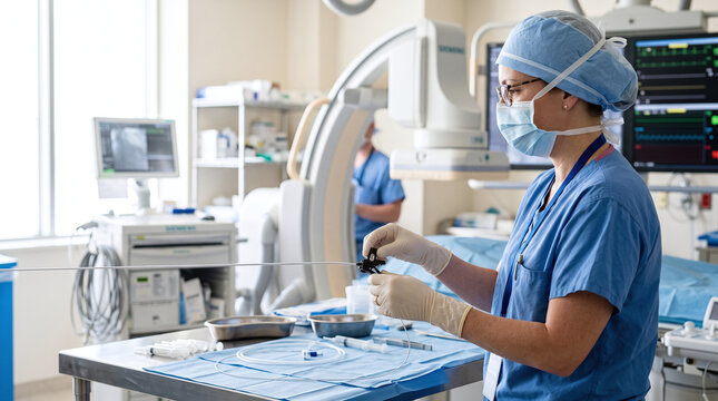 Female cardiologist preparing a guidewire device in a modern catheterization lab