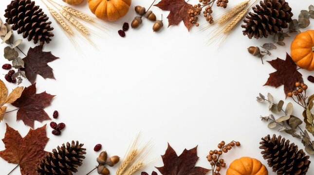 Fall season border frame featuring orange pumpkins, pinecones, acorns, wheat stalks, and dried maple leaves on a plain white background