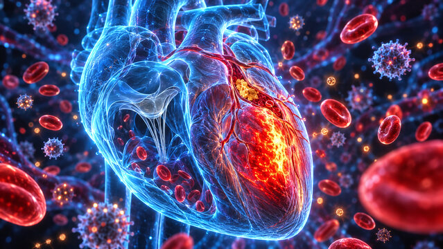 Futuristic glowing heart hologram showing myocardial ischemia and infarction