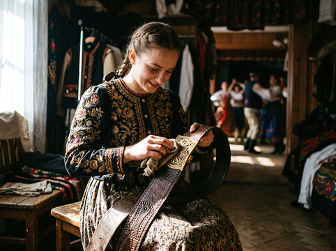 Smiling Polish dancer polishing a traditional Krakow folk leather belt