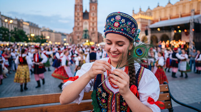 Polish folk dancer preparing peacock feather at Krakow Main Square festival