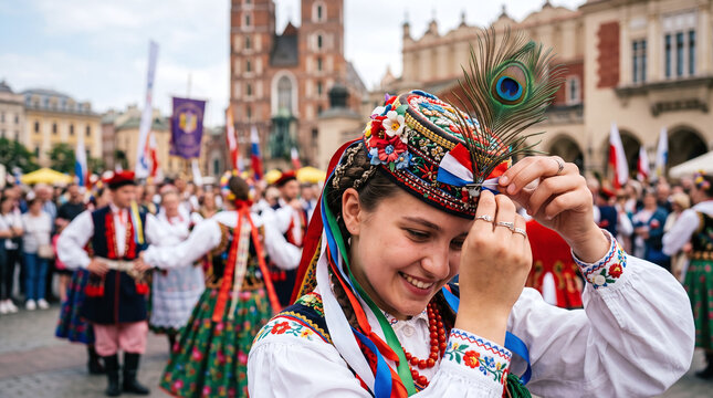 Polish folk dancer adjusts her traditional peacock feather headdress in Krakow.
