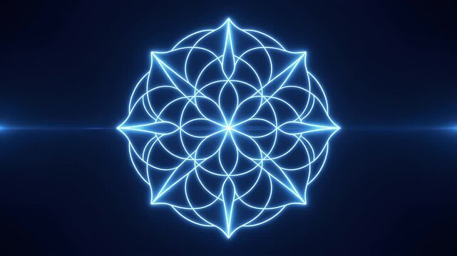 Flower of Life Sacred Geometry Glowing Blue Light Formation, Cosmic Spiritual Energy Background