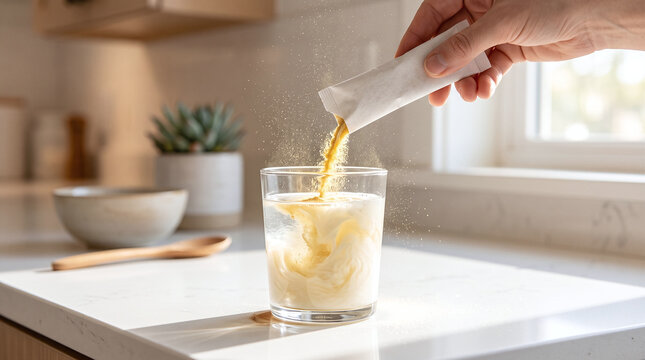 Hand pouring wellness powder into a glass of water on a bright kitchen counter