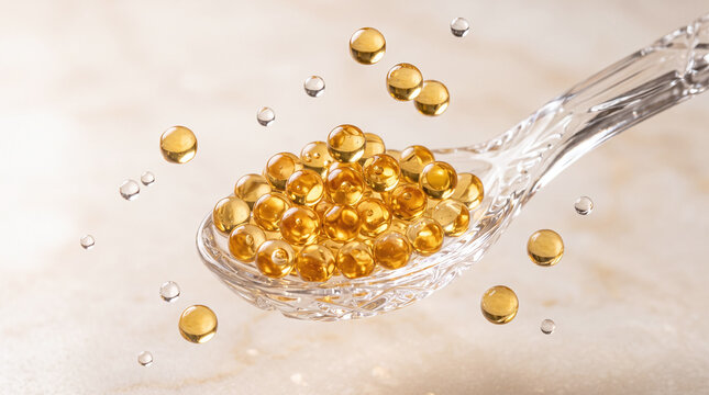 Golden vitamin D3 softgel capsules levitating around a clear glass spoon