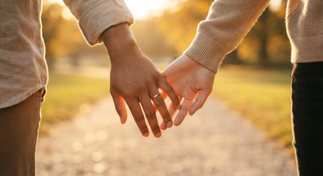 Close up of diverse couple holding hands during sunset with golden hour sunset light human connection couple goals hands clasped couple love together relationship intimacy connection