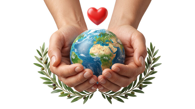 Global peace concept with hands holding planet earth, white doves flying with olive branches, world unity and environmental protection symbol