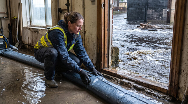 Female worker positioning a sandless flood barrier at doorway during flash flood