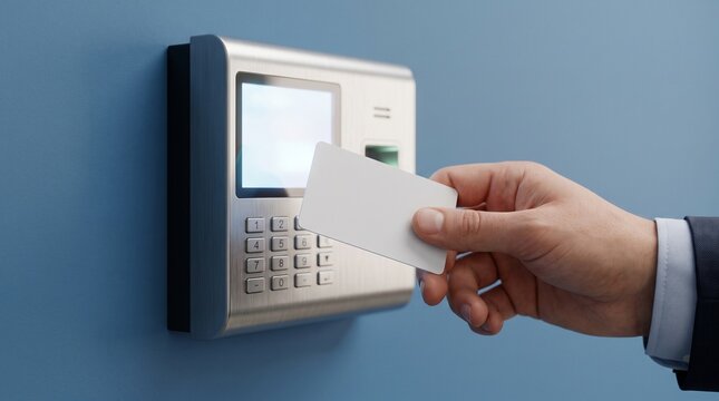 Ultra-realistic close-up of a human hand holding a blank white RFID access card near a modern wall-mounted electronic security terminal with keypad and digital display, installed on a clean blue wall