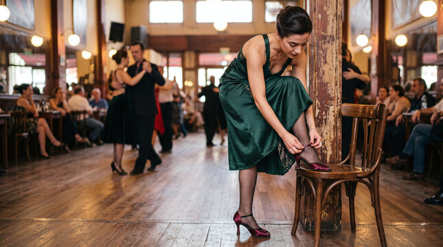 Elegant woman fastening her shoes before dancing Argentine tango at a milonga