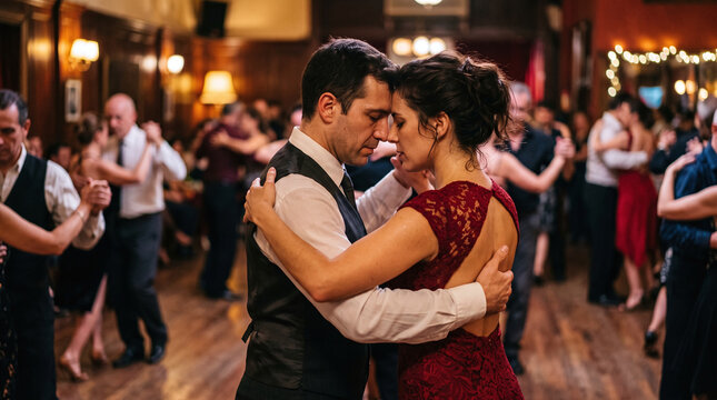 Passionate couple dancing Argentine tango with foreheads touching in milonga