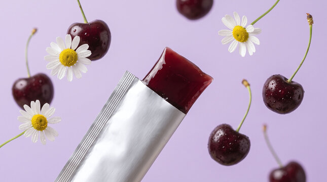 Tart cherry sleep jelly supplement stick with chamomile on purple background
