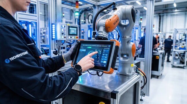 Industrial engineer operating a robotic arm using a digital tablet control panel in a modern automated factory production line representing industry four point zero.