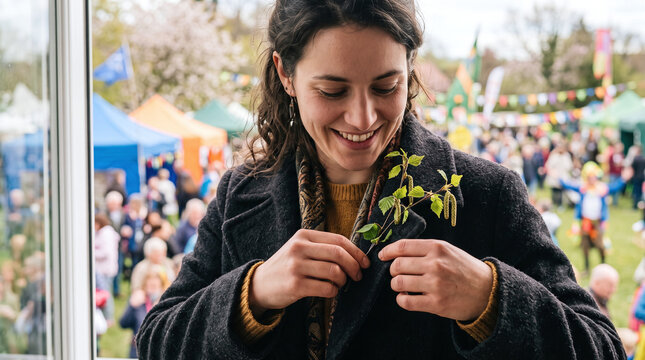 Smiling woman tucking a fresh birch sprig into coat at Walpurgis festival