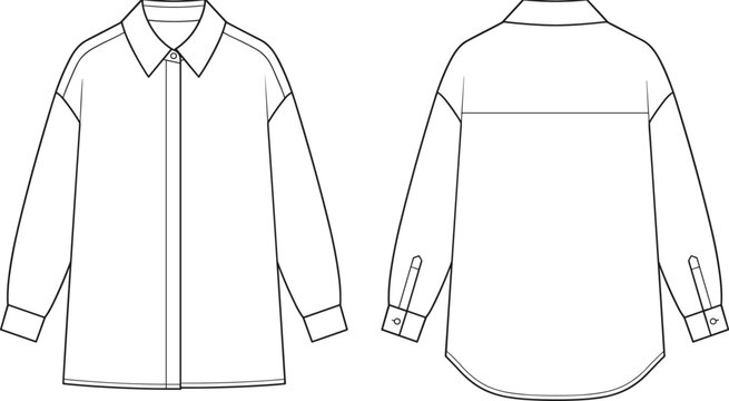 Women oversized long sleeve button down shirt fashion flat sketch technical drawing vector template