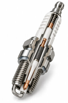 Spark Plug Cutaway 3D Engineering Illustration with Internal Electrode, Insulator and Resistor Structure