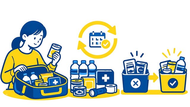 防災備蓄を整理する女性と非常用品、賞味期限を確認して備蓄品を入れ替えるローリングストックのイラスト｜女性、非常食、飲料水、救急箱、懐中電灯、リュック
