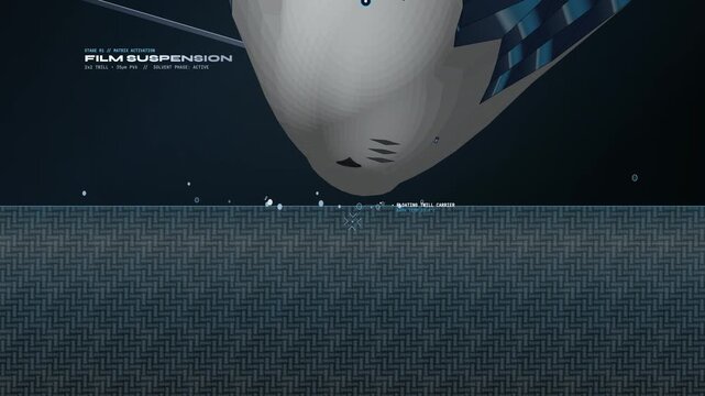 3D animation of a hydrographic carbon dipping process on a helmet featuring technical HUD overlays explaining film suspension, conformal wrap, isotropic rinse, and hydrophobic lift stages
