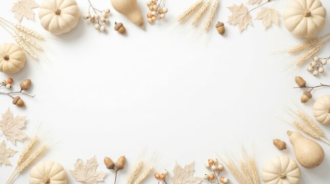 Neutral autumn border with white pumpkins, dried leaves, wheat, acorns, and berries arranged on a white background, for seasonal decor