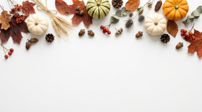 Fall season border with orange and white pumpkins, dried wheat, maple leaves, acorns, pine cones, and red berries on white background