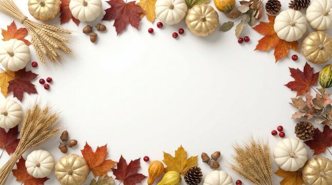 Autumn harvest frame with white pumpkins, golden wheat, colorful maple leaves, pine cones, and red berries on a plain white background