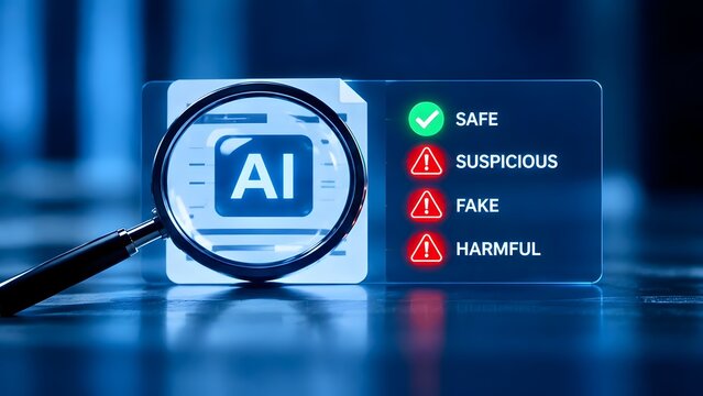 Magnifying glass focusing on AI content moderation interface filtering fake suspicious and harmful digital media for deepfake detection concept