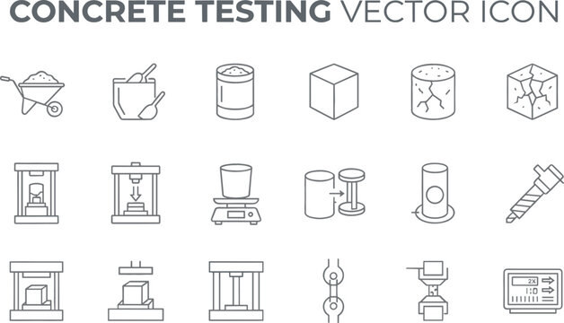 Concrete material testing and quality control laboratory equipment compression strength analysis linear vector icon set collection