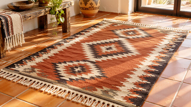 Southwestern Bohemian Kilim Area Rug with Geometric Diamond Pattern and Fringes on Terracotta Tile Floor in Sunlit Room