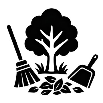 Minimalist black and white pictogram icon depicting a healthy tree surrounded by a broom, dustpan, and collected leaves