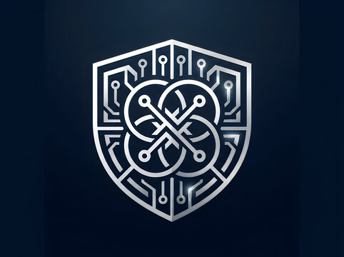 Silver metallic shield icon with digital circuit board pattern design illustration