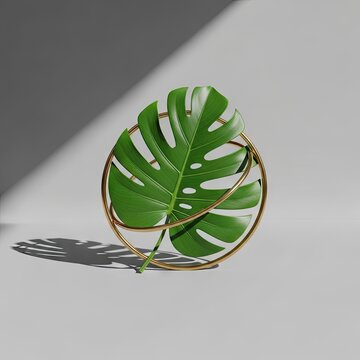 Green monstera leaf in gold circular frame.