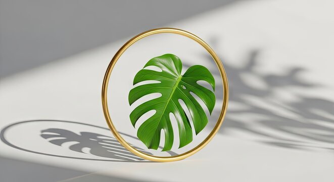 Green monstera leaf within golden ring sculpture.